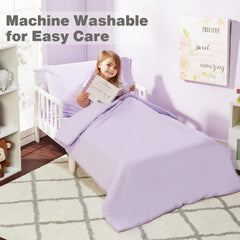 Everyday Kids toddler bedding solid purple flat sheet flatlay highlights breathable fabric ideal for rest.