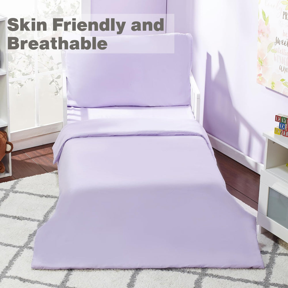 Everyday Kids toddler bedding solid purple packaging shows ready-to-gift bundle.