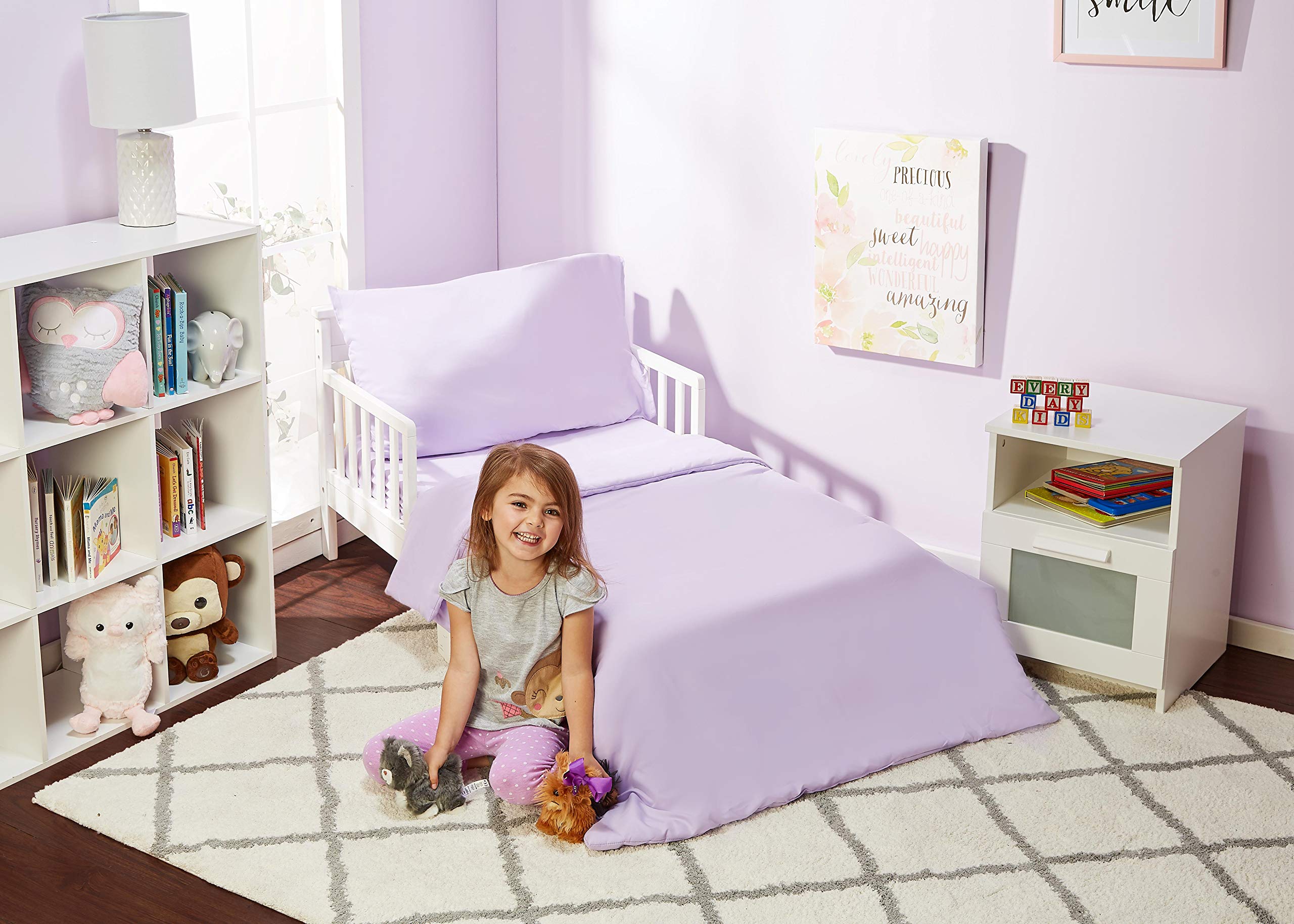 Everyday Kids solid purple pillowcase front view highlights soft-touch fabric for easy care.