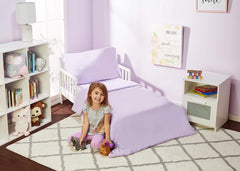 Everyday Kids solid purple pillowcase front view highlights soft-touch fabric for easy care.