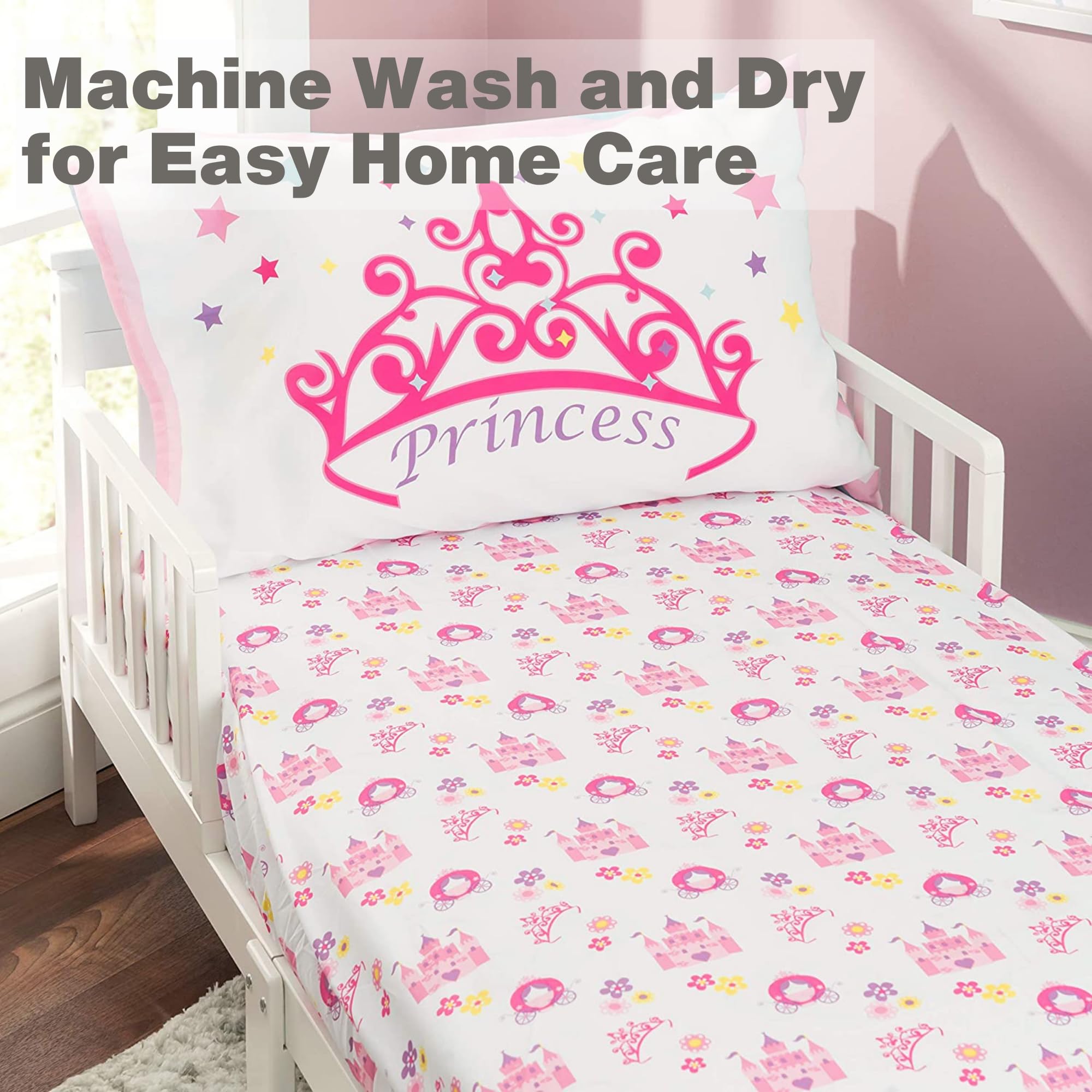 EVERYDAY KIDS pillowcase Princess Storyland detail highlights bold colors and easy-care practicality.