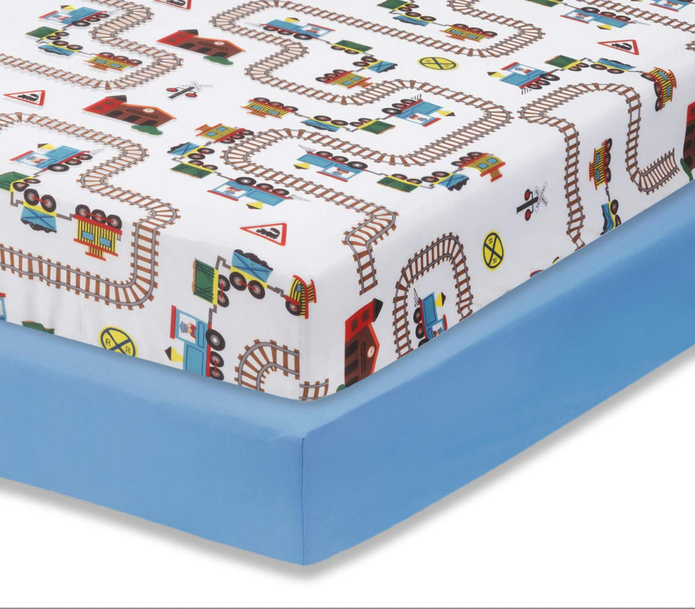 Everyday Kids train light blue crib sheet pack – snug crib fit
