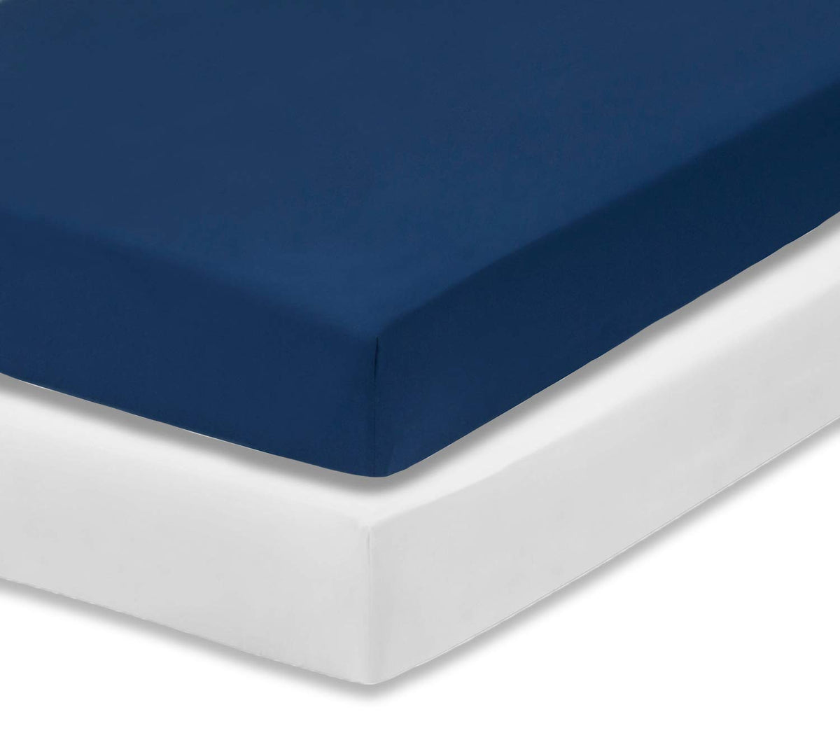 Everyday Kids two-pack crib sheets white and navy packaging showing value and assortment.