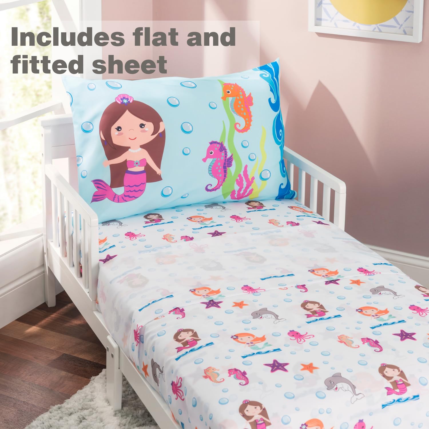 Everyday Kids undersea mermaids fitted sheet pocket shows secure fit