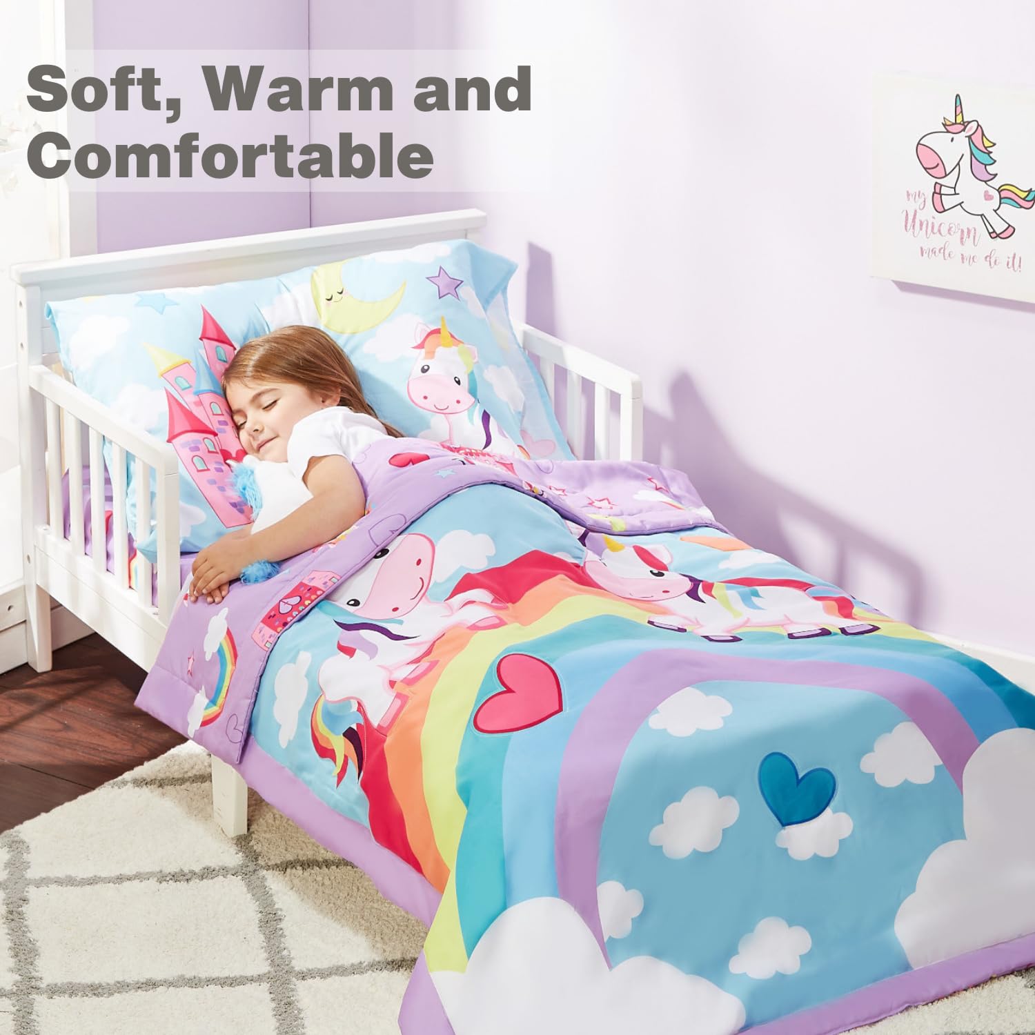 Everyday Kids Unicorn Dreams color palette on bedsheet creates cheerful room vibes.