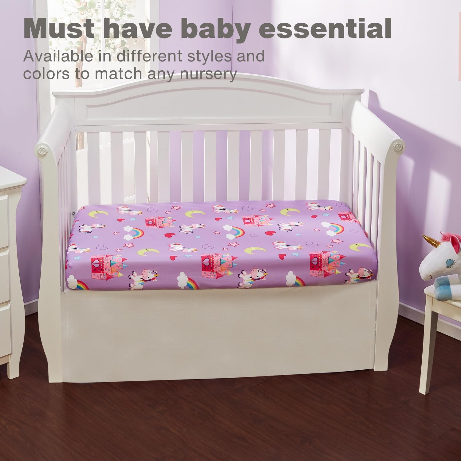 Everyday Kids Unicorn Dreams fitted sheet main view shows breathable, fade-resistant fabric.