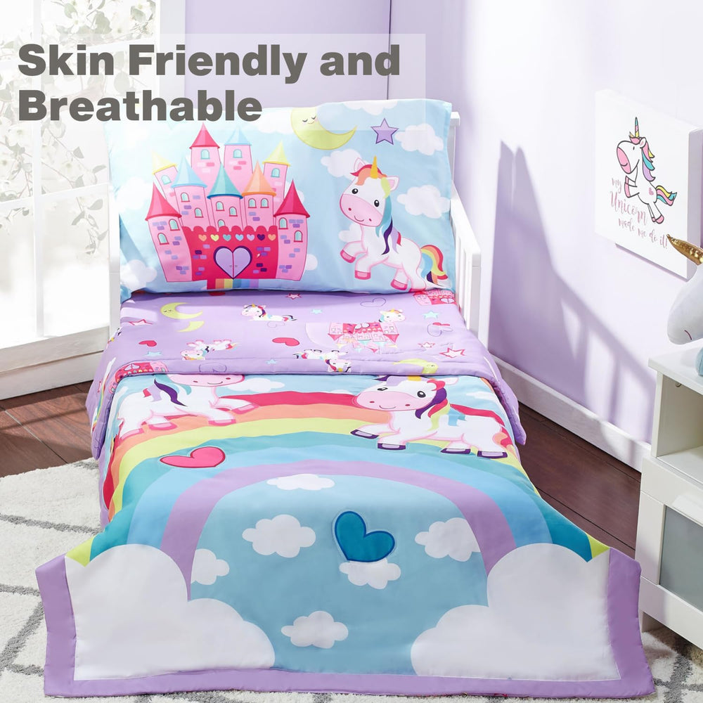 Everyday Kids Unicorn Dreams fitted sheet demonstrates a snug fit for toddler mattresses.