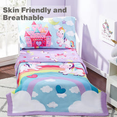 Everyday Kids Unicorn Dreams fitted sheet demonstrates a snug fit for toddler mattresses.