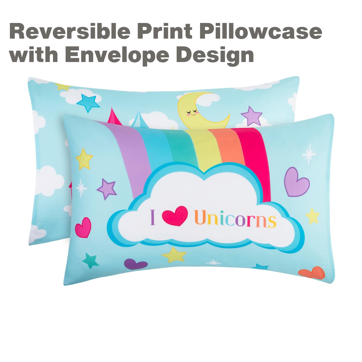 Everyday Kids Unicorn Dreams microfiber fabric image emphasizes breathable and fade-resistant material.