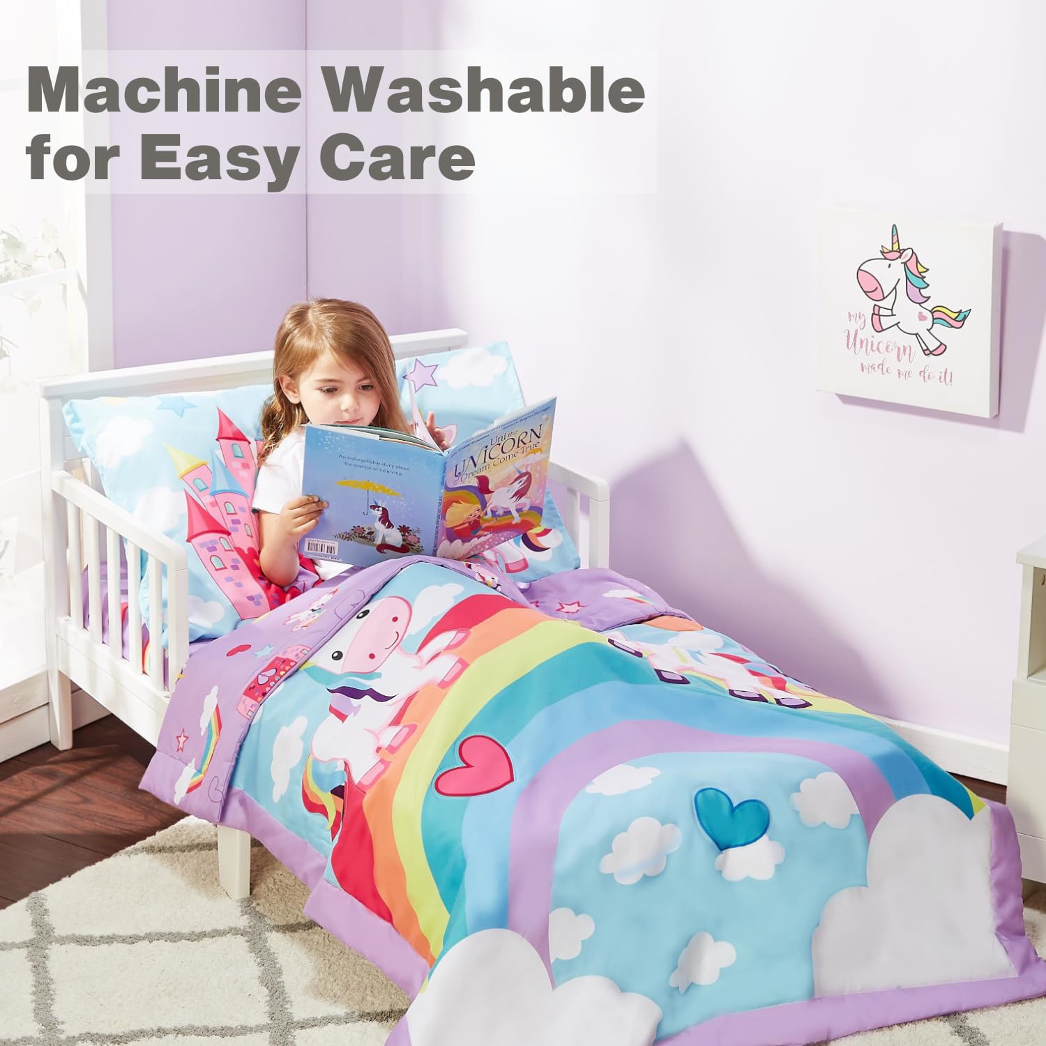 Everyday Kids Unicorn Dreams reversible pillowcase offers two sides for quick style swaps.