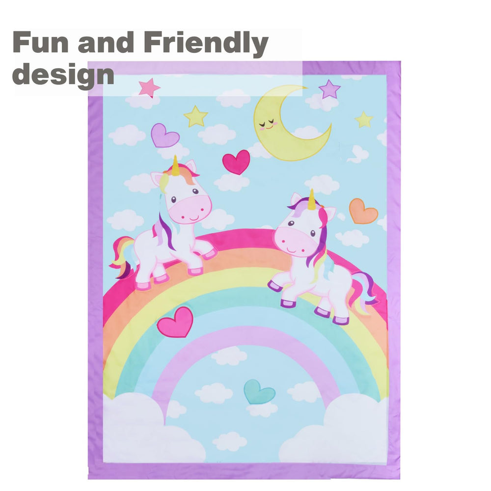 Everyday Kids Unicorn Dreams 4-piece set on bed showcases kid-friendly design.