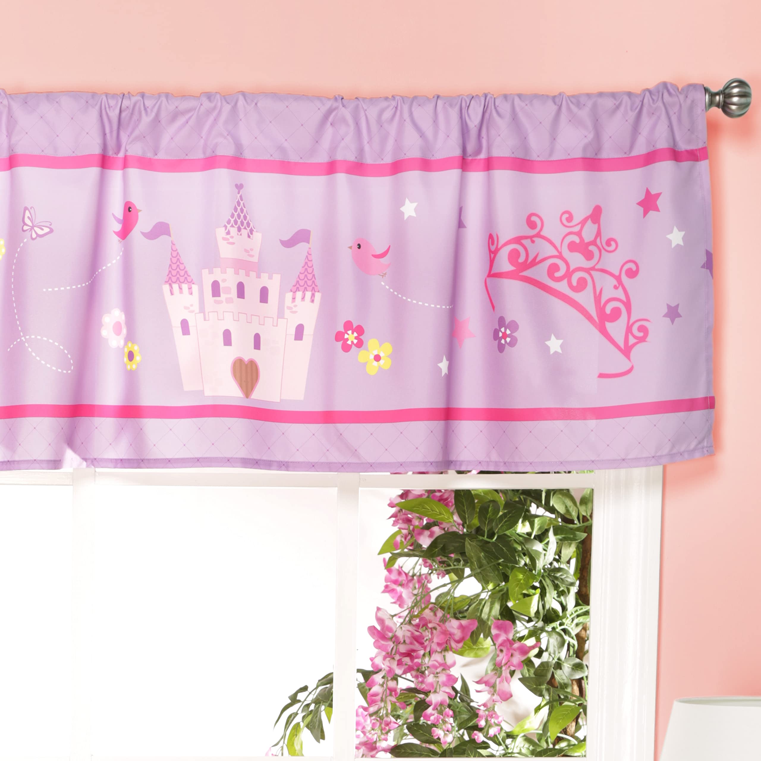 EVERYDAY KIDS pink and purple valance enhances a kid's room with bright kingdom colors