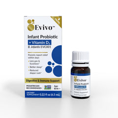 Evivo Infant Probiotic Drops bottle showing daily gut support for babies