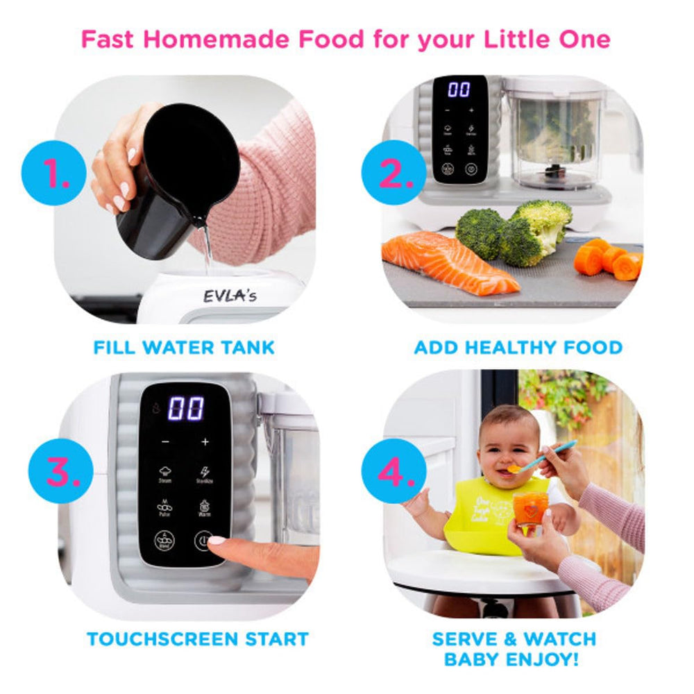 EVLA'S baby food maker includes 6 reusable pouches for on-the-go feeding