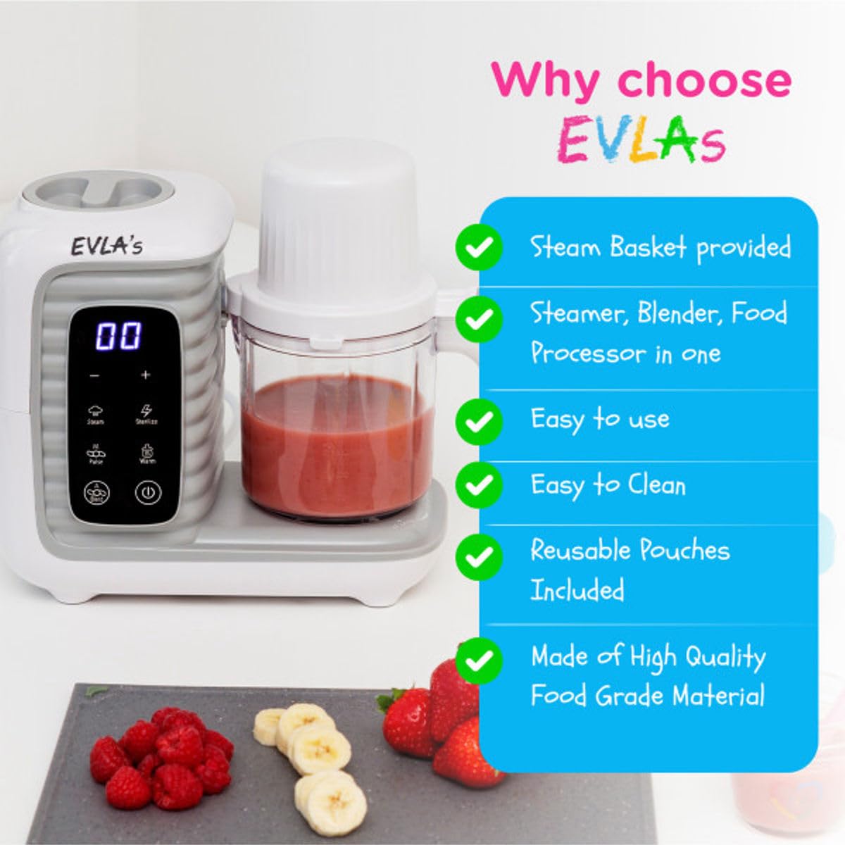 EVLA'S baby food maker blender creating smooth purees for easy feeding