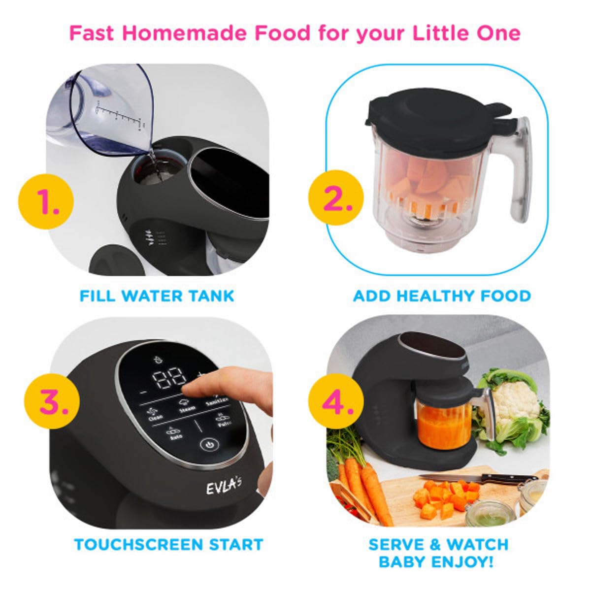 EVLA'S Baby Food Maker self-cleaning cycle simplifies post-meal cleanup