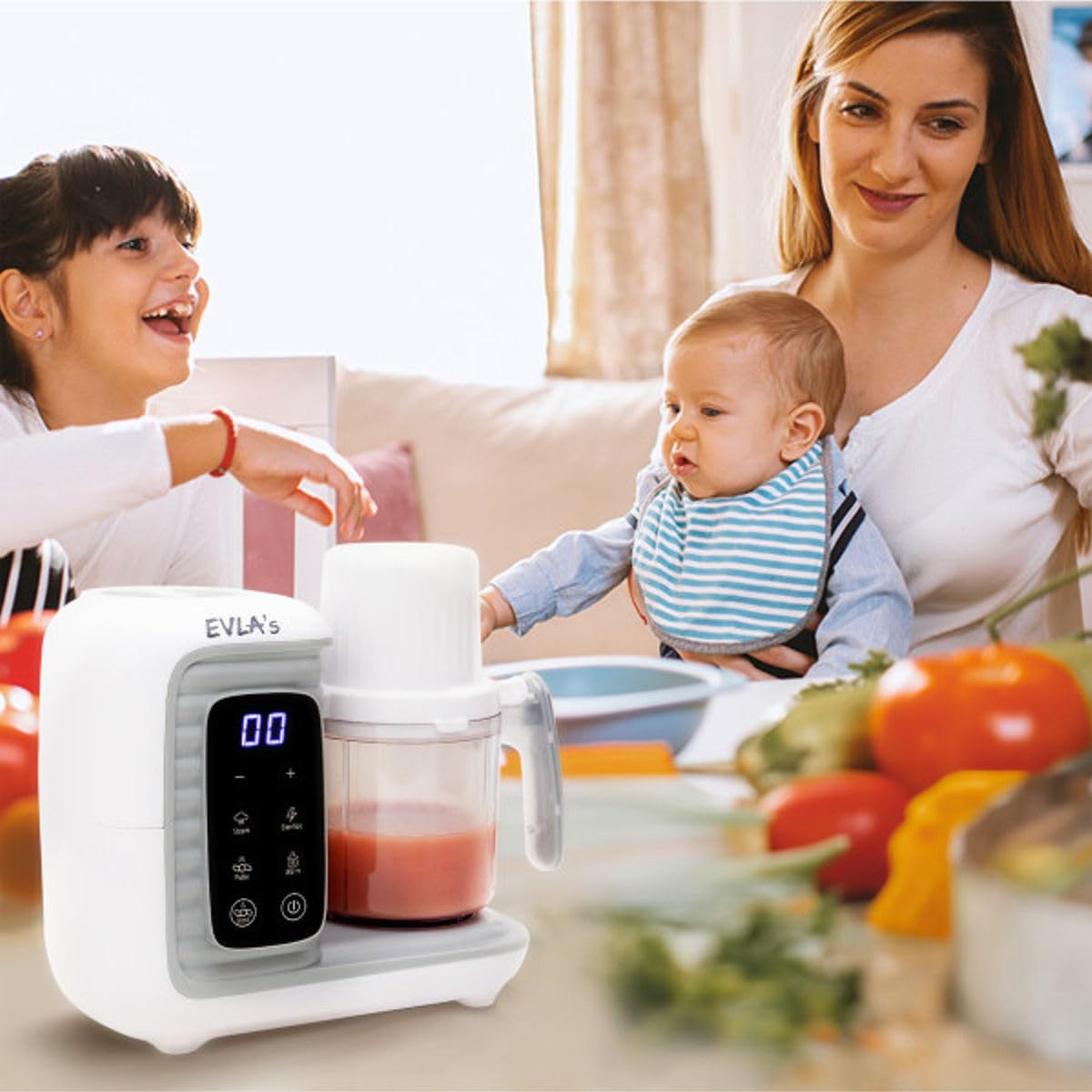 EVLA'S baby food maker steamer function for gentle cooking of ingredients