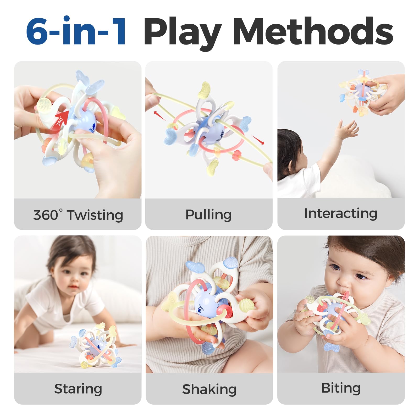 Evoceler baby toy showing 10 textures for sensory exploration and chewing