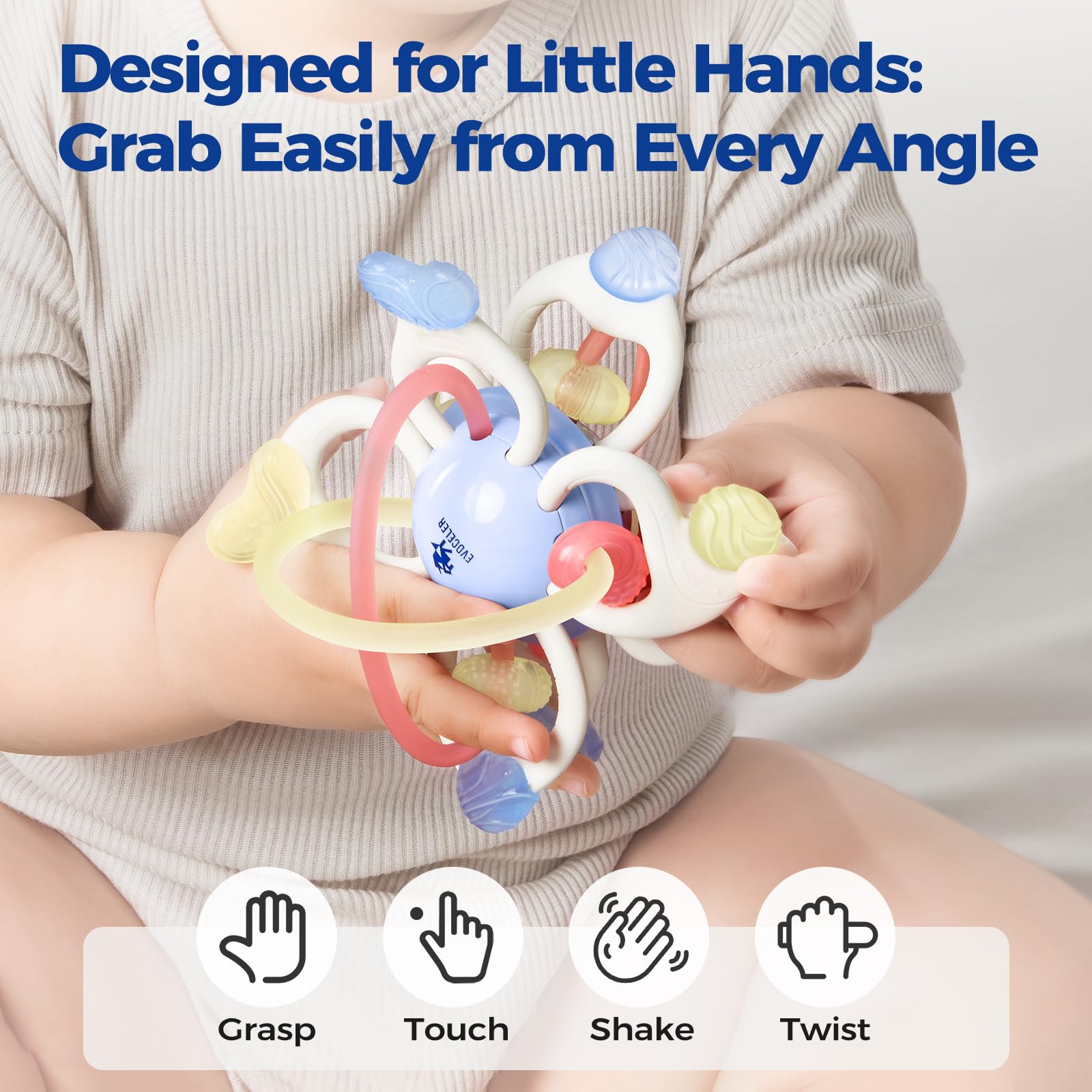 Evoceler toy with bright colors and clicking sound to engage babies