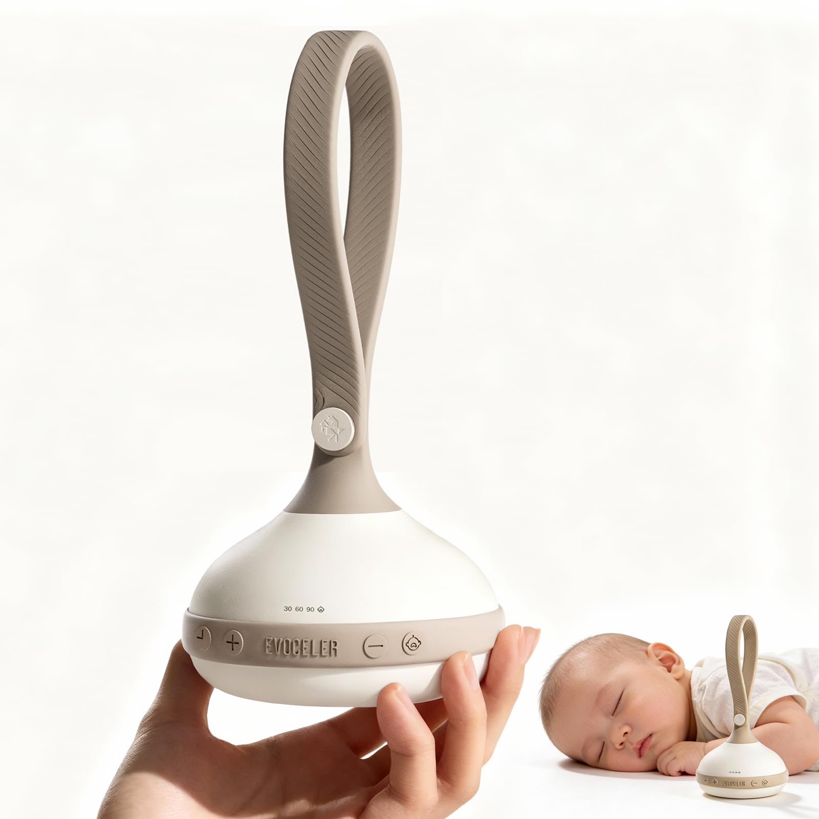 Evoceler portable white noise device shown in travel setup for peaceful naps