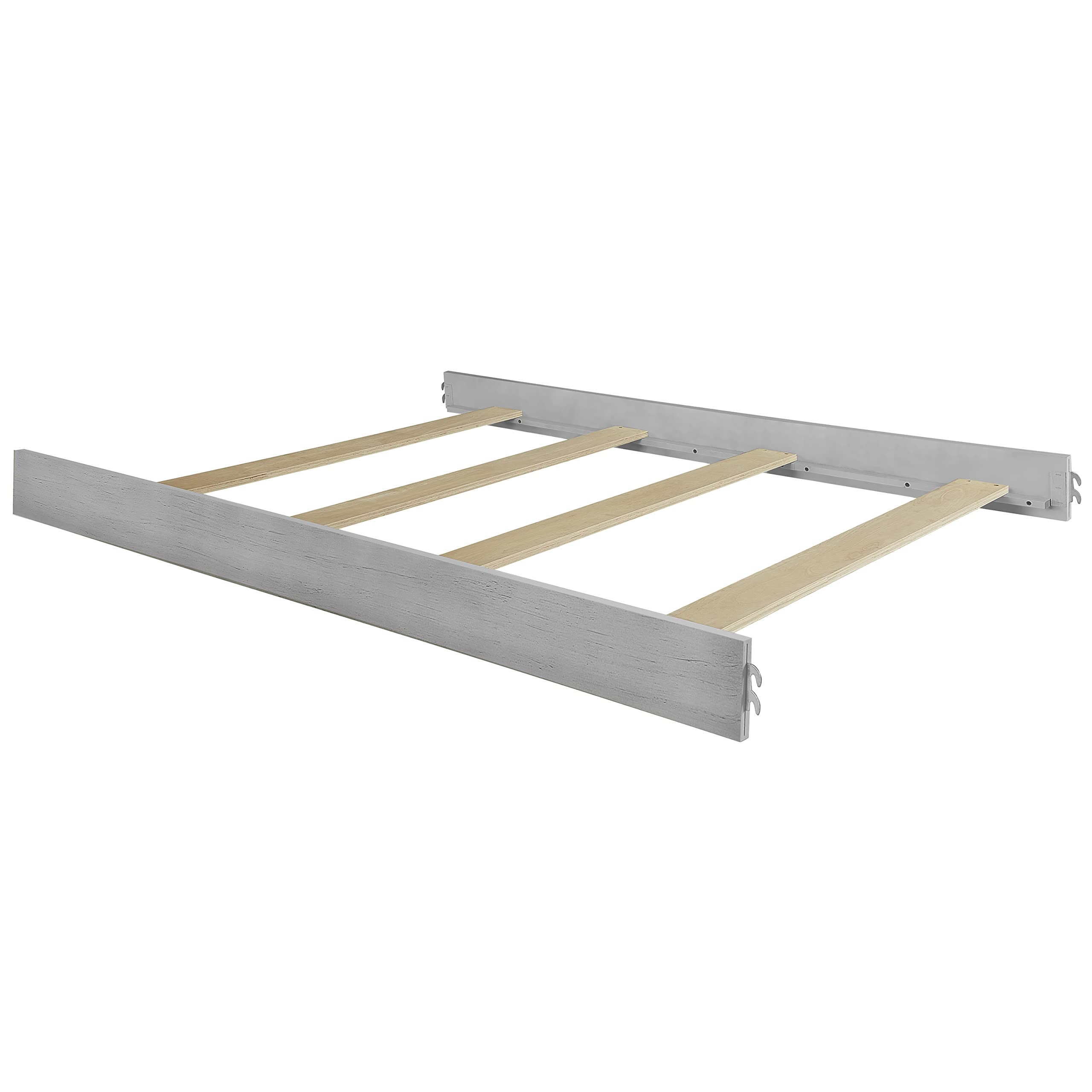 Evolur full-size bed rails assembly view showing solid hardwood construction and secure slats for safe transitions