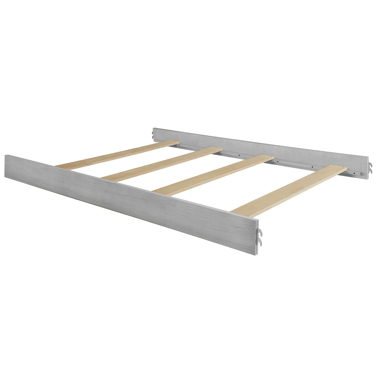 Evolur full-size bed rails assembly view showing solid hardwood construction and secure slats for safe transitions