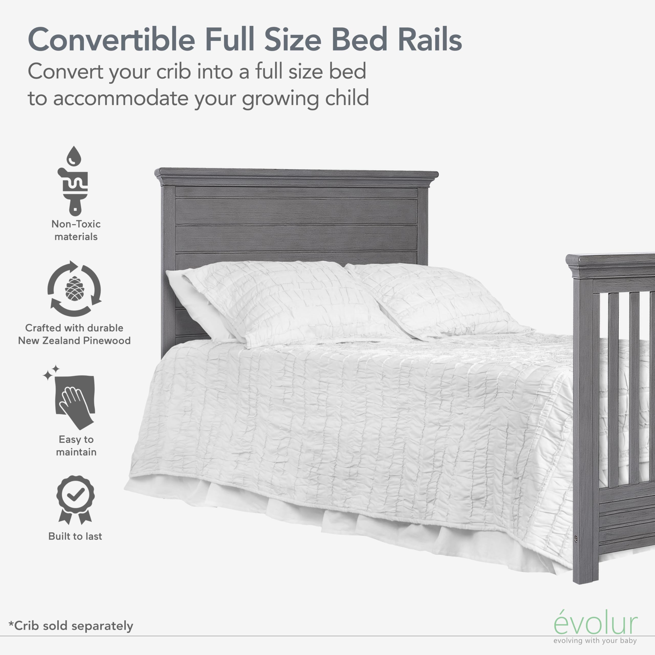 évolur rustic grey finish texture showcases elegant, timeless nursery-to-bedroom accent.