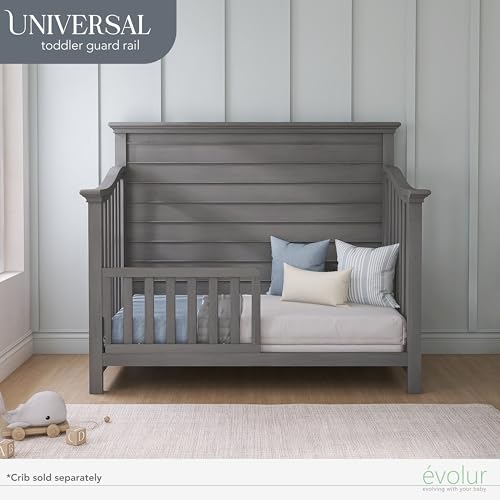 Evolur Toddler Rail installed on crib shows quick setup for safer nights.