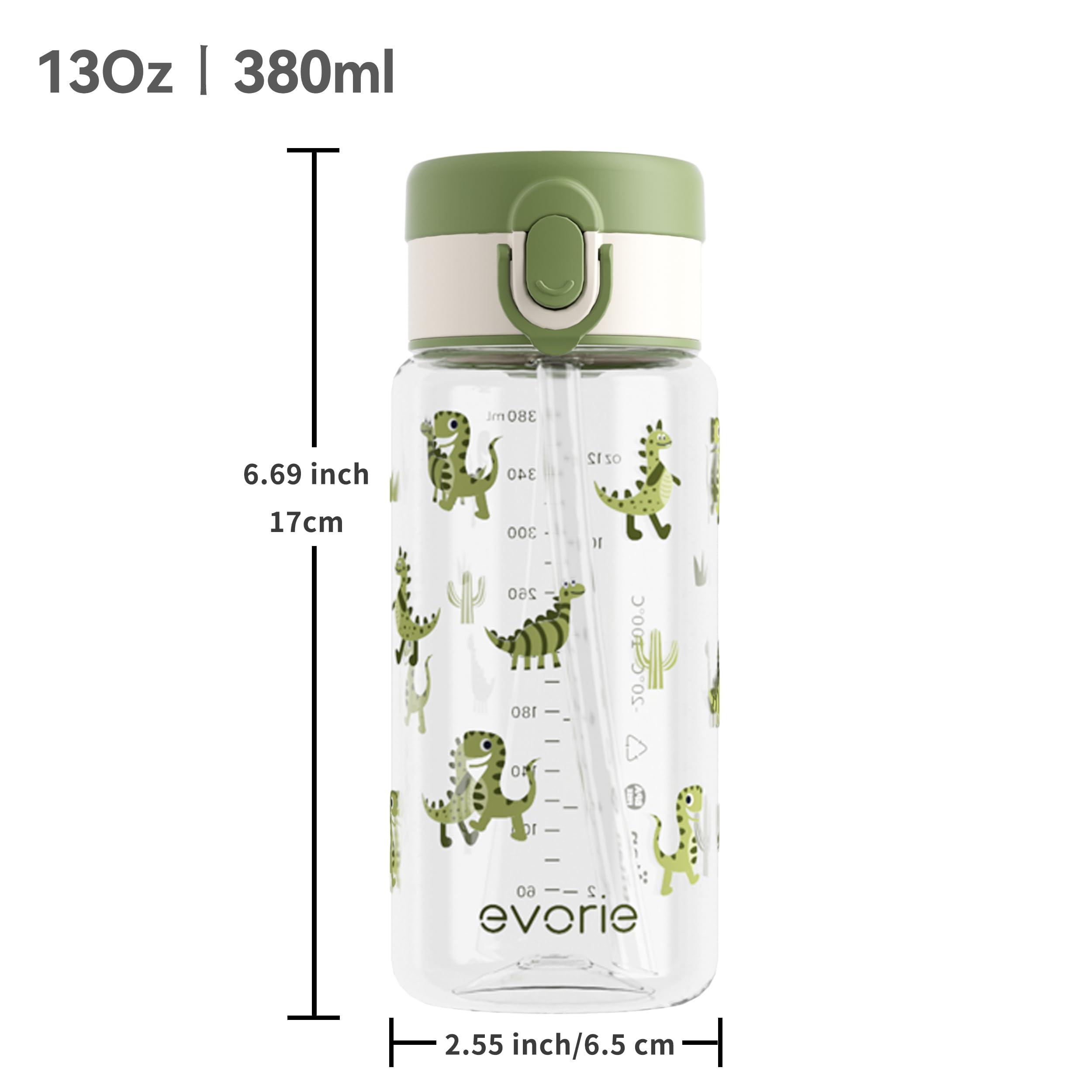 Evorie green dino design enhances kid-friendly appeal.
