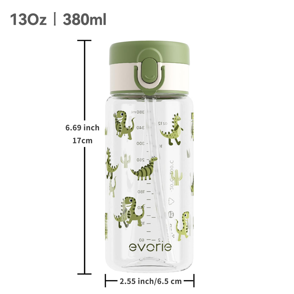 Evorie green dino design enhances kid-friendly appeal.