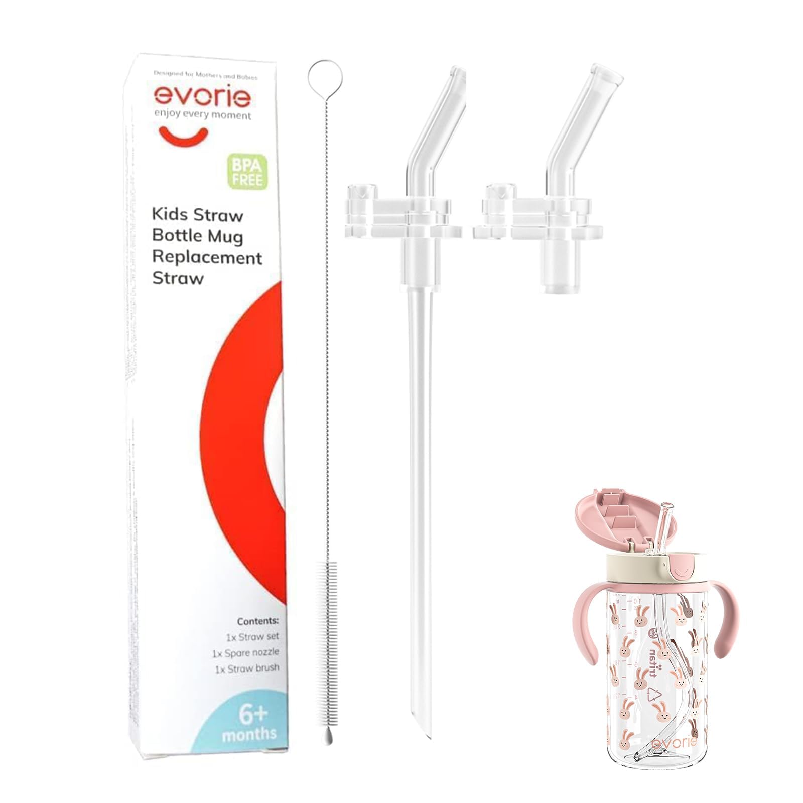 Evorie replacement straw for 10oz toddler cup showing spill-proof design for on-the-go hydration