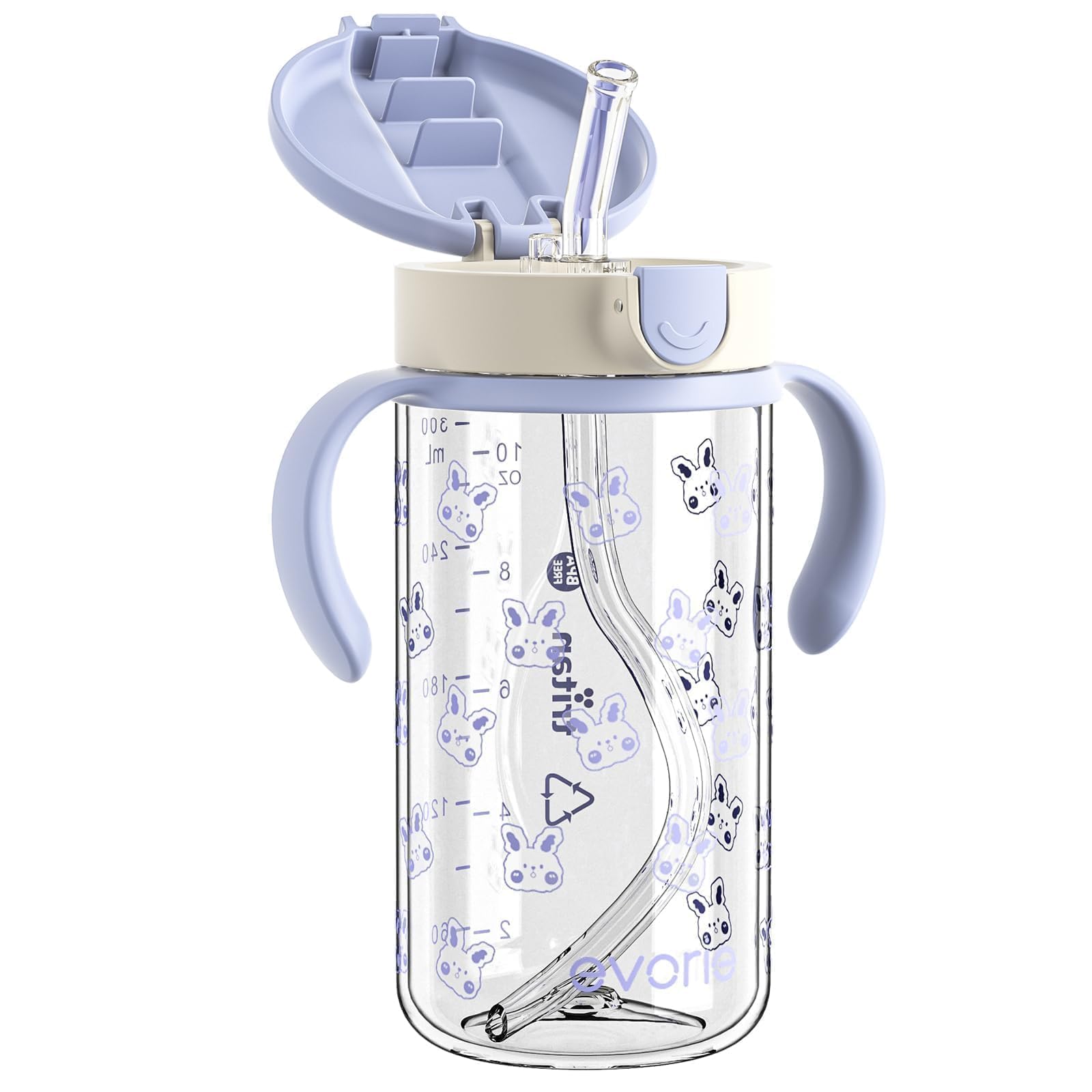 Evorie Tritan spill-proof toddler cup with blue rabbit front view showing easy-grip handles