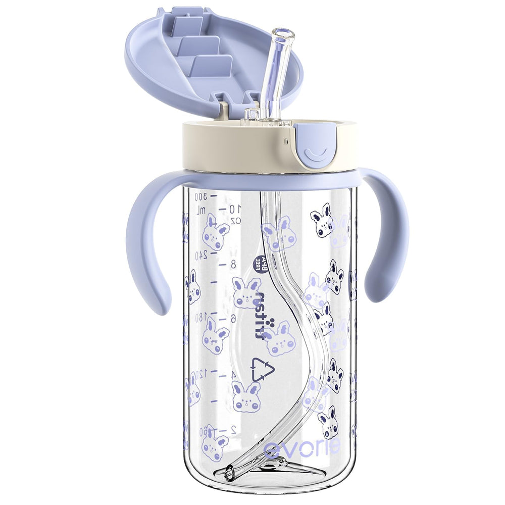 Evorie Tritan spill-proof toddler cup with blue rabbit front view showing easy-grip handles
