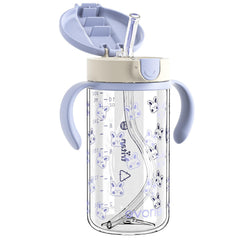 Evorie Tritan spill-proof toddler cup with blue rabbit front view showing easy-grip handles