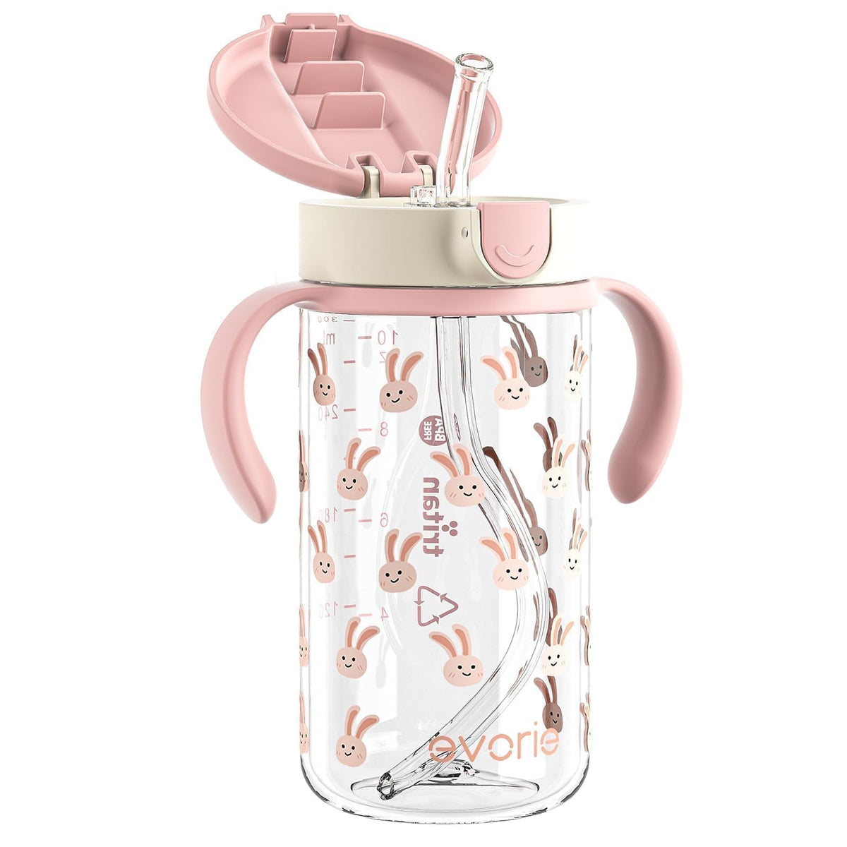 Evorie Tritan spill-proof toddler cup with pink rabbit handles for easy, mess-free sipping.