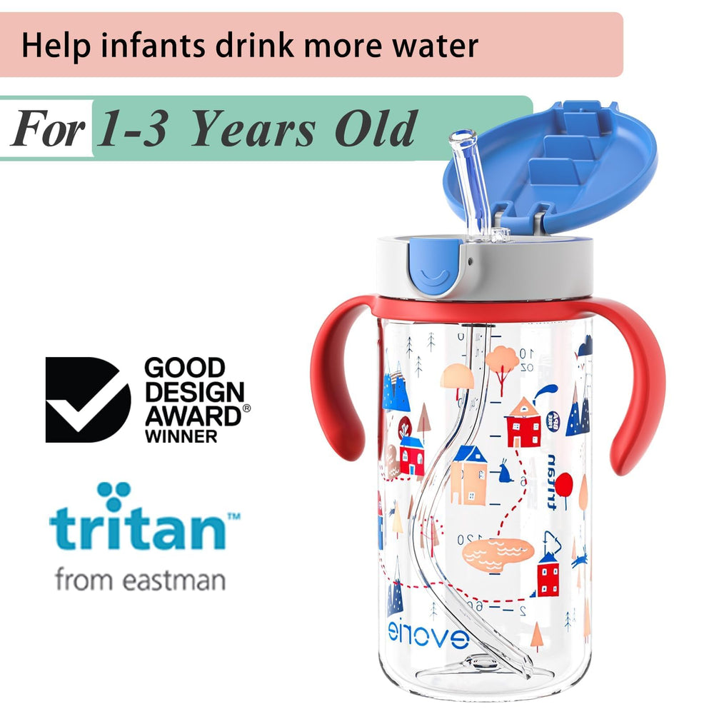 Evorie Tritan sippy cup straw close-up showing cross-cut design reduces debris