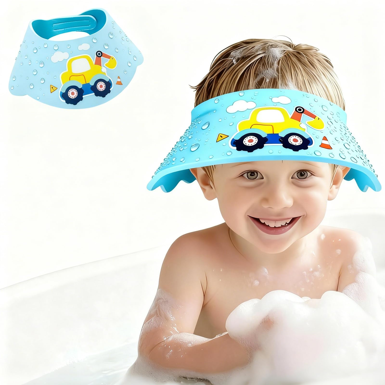 Excavator baby shower cap shield with adjustable strap for secure bath-time fit