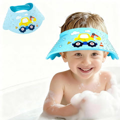 Excavator baby shower cap shield with adjustable strap for secure bath-time fit