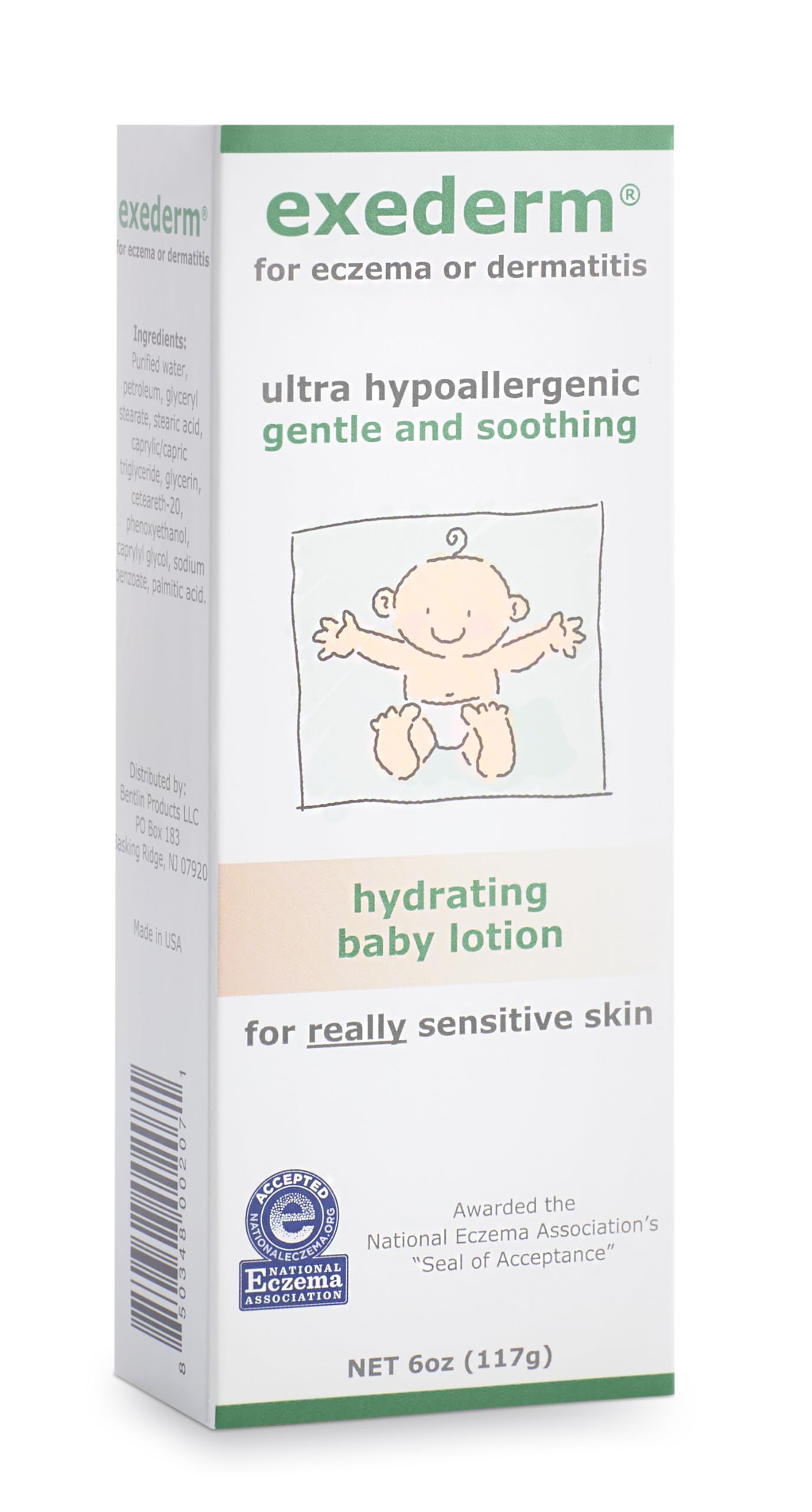 Exederm Baby Lotion bottle pour demonstrates lightweight hydration for sensitive skin.