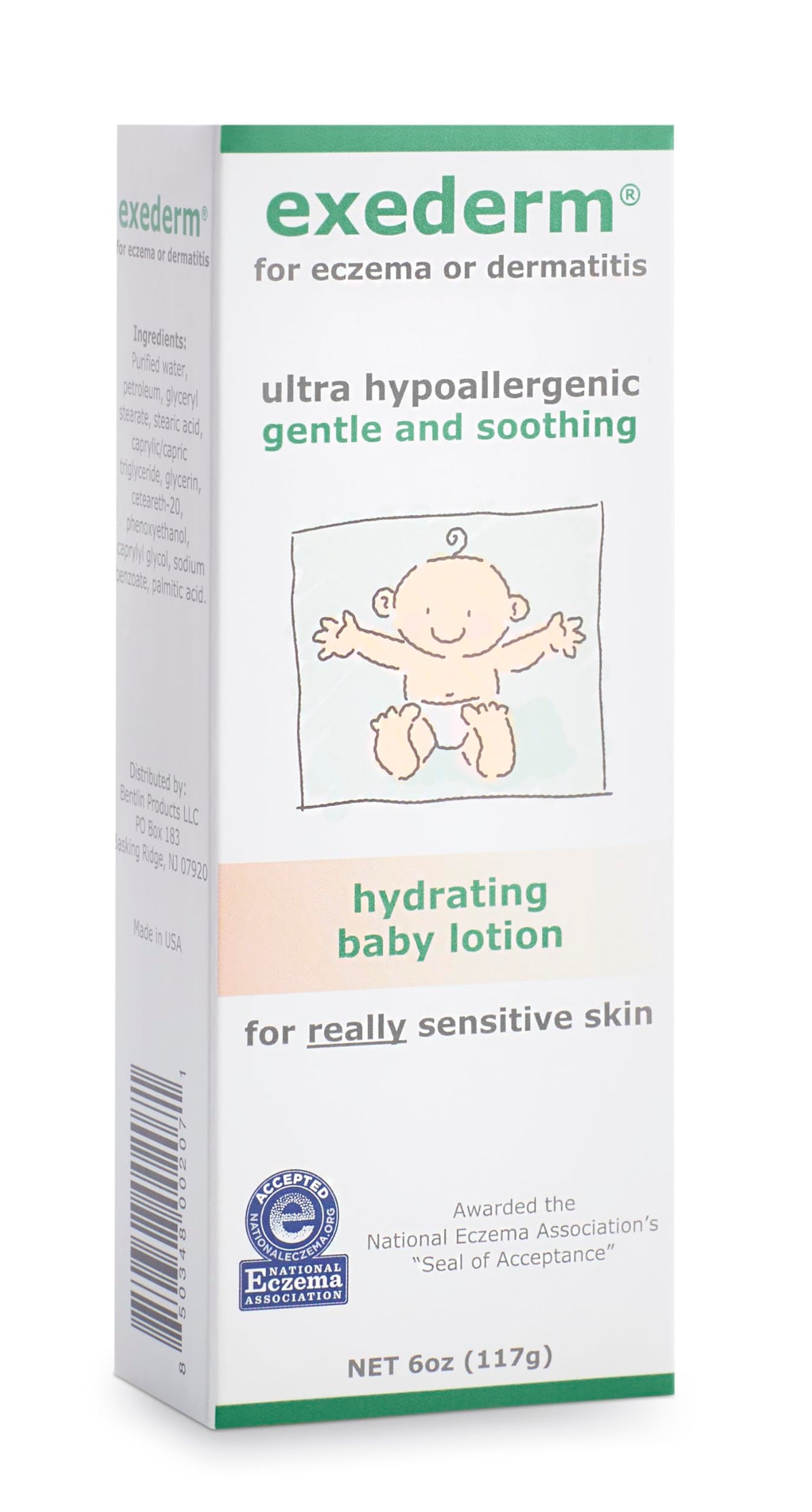 Exederm Baby Lotion bottle pour demonstrates lightweight hydration for sensitive skin.