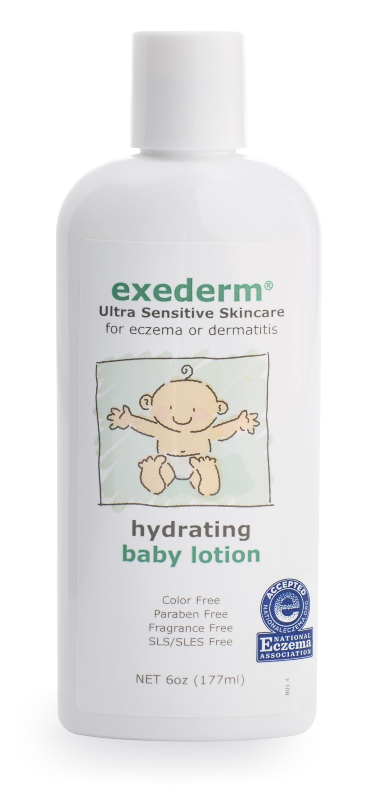 Exederm Baby Lotion applied to hands delivers soothing, non-greasy moisture for delicate skin.