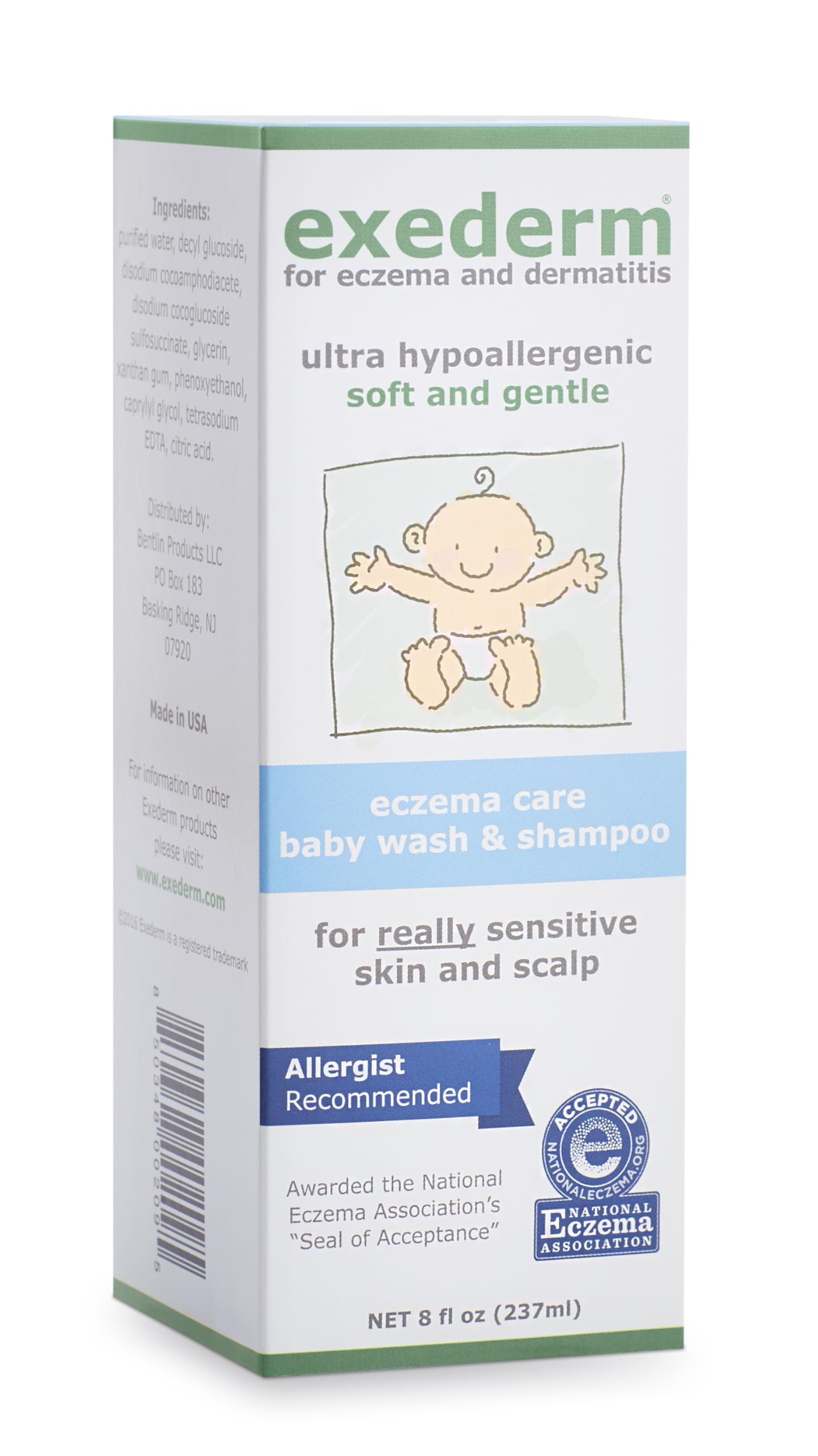 Exederm Baby Wash bottle close-up highlighting ultra-sensitive, gentle cleansing for delicate skin.