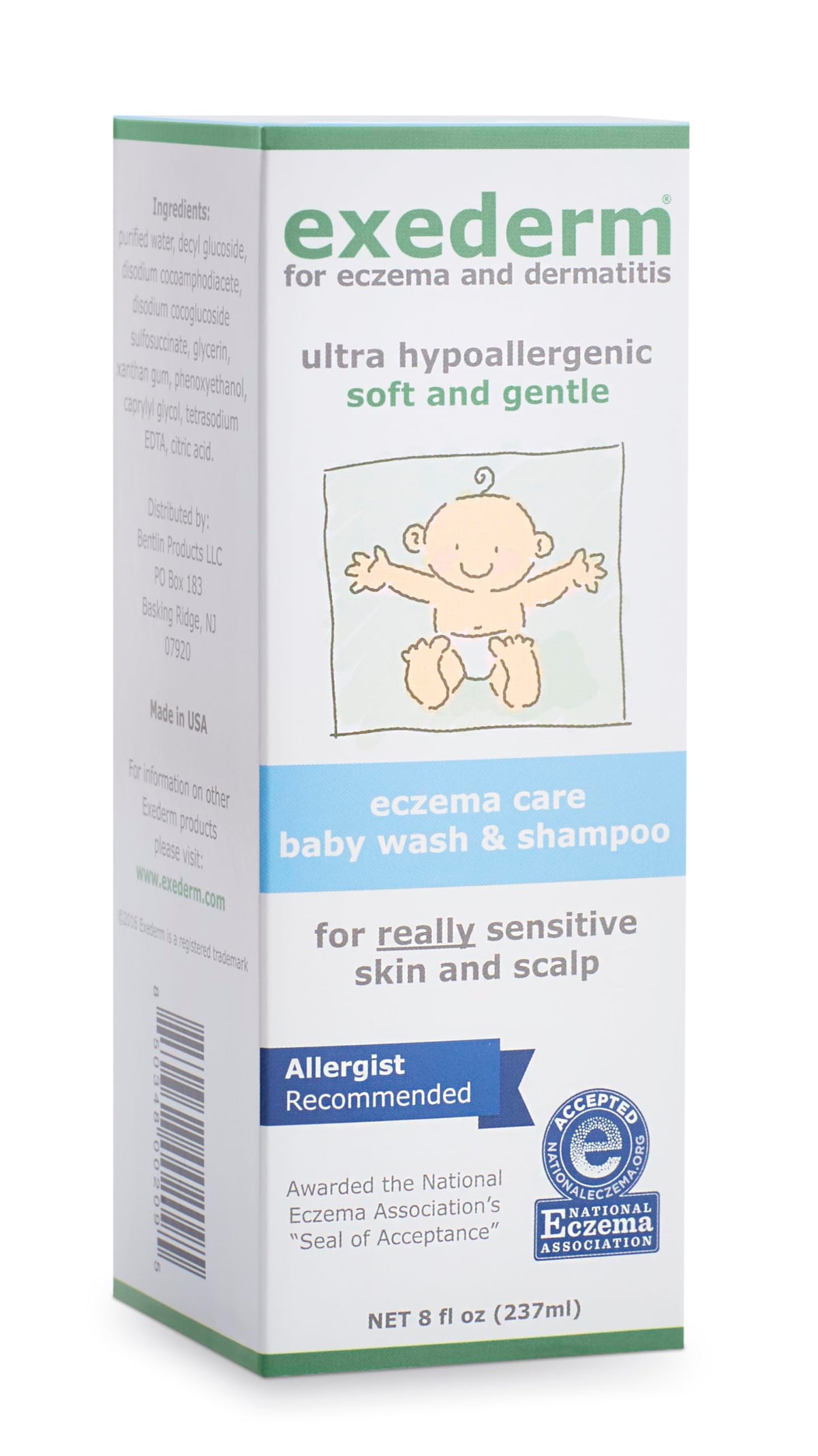 Exederm Baby Wash bottle close-up highlighting ultra-sensitive, gentle cleansing for delicate skin.