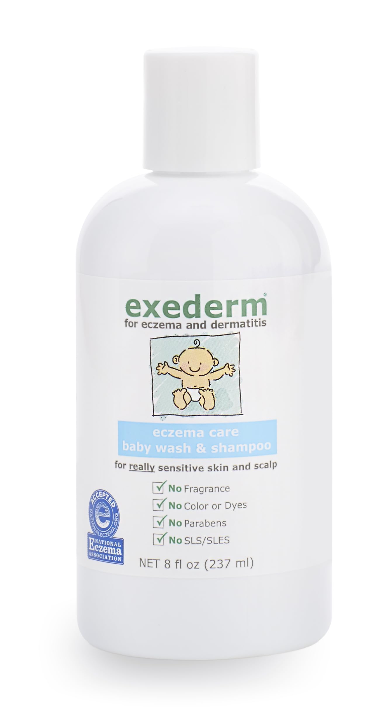 Exederm Baby Wash packaging showing fragrance-free, dye-free formula for sensitive skin.