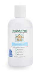 Exederm Baby Wash packaging showing fragrance-free, dye-free formula for sensitive skin.