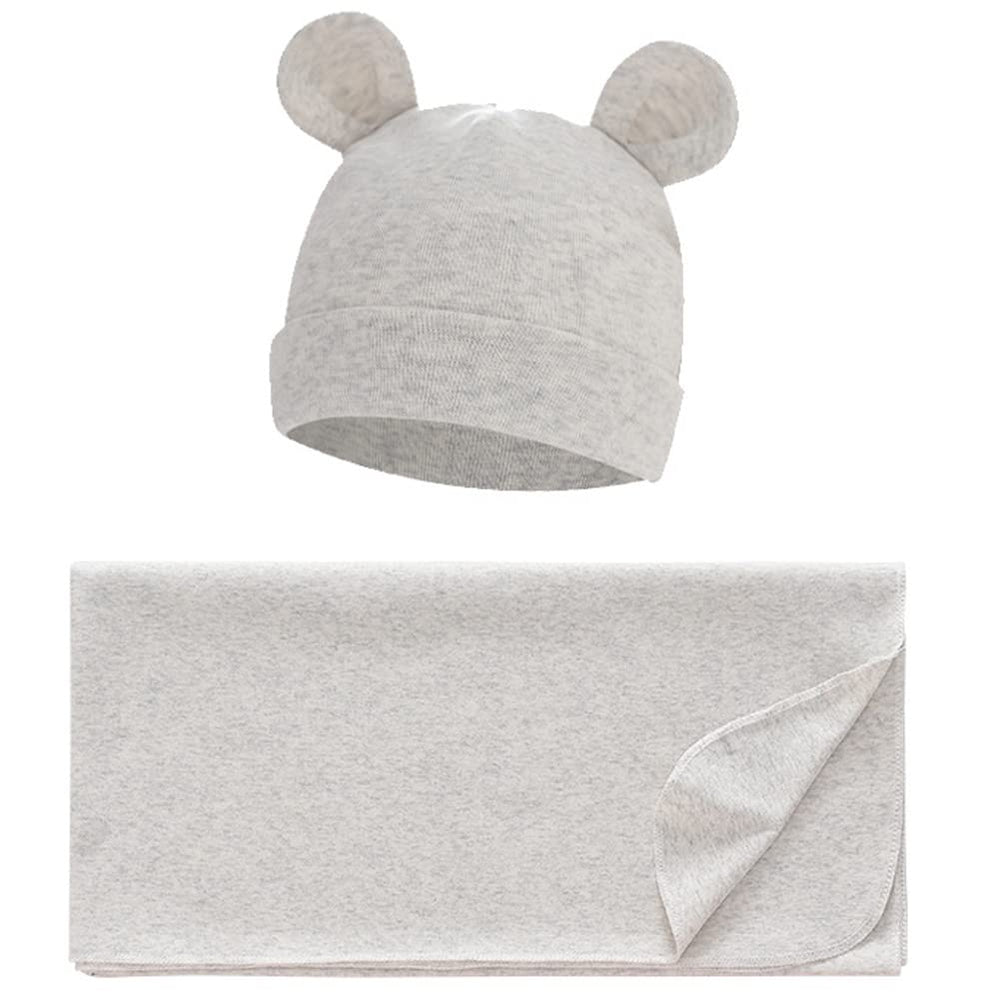 Exemaba swaddle blanket and hat laid flat showing soft cotton and versatile use