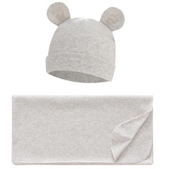 Exemaba swaddle blanket and hat laid flat showing soft cotton and versatile use