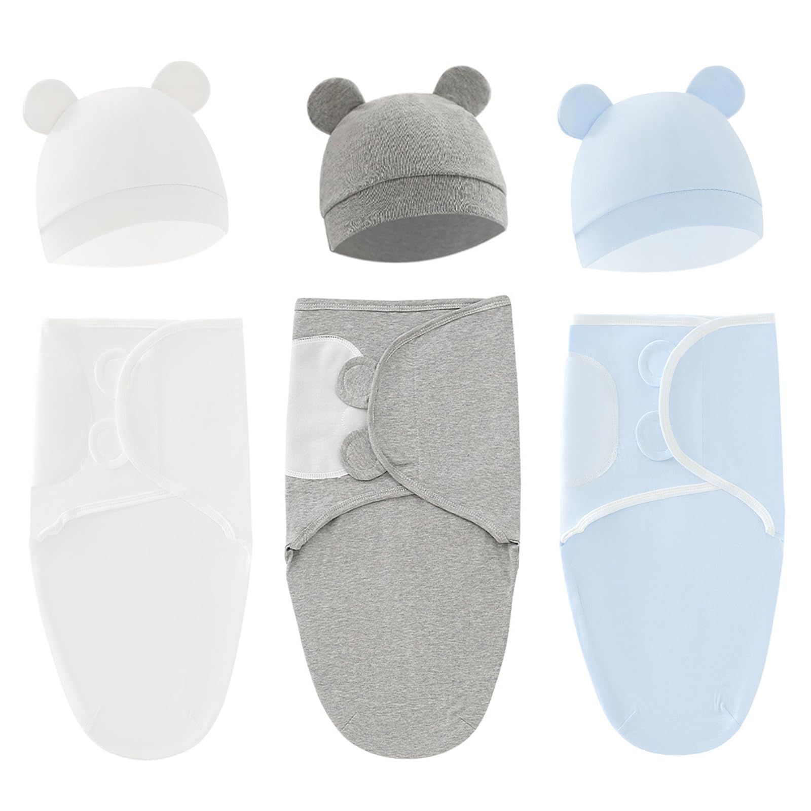 Exemaba baby swaddle sleep sack set in white, grey, blue improves newborn cozy transition to sleep.