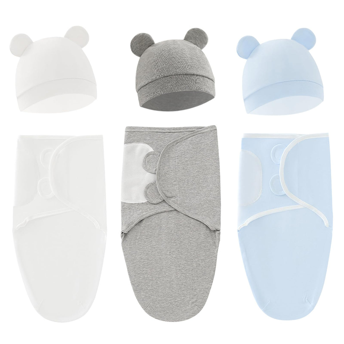 Exemaba baby swaddle sleep sack set in white, grey, blue improves newborn cozy transition to sleep.