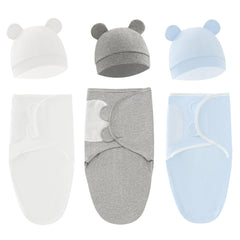Exemaba baby swaddle sleep sack set in white, grey, blue improves newborn cozy transition to sleep.